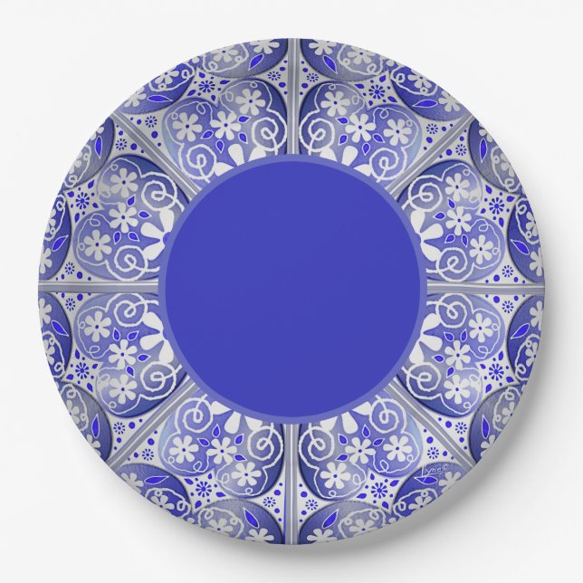 Plato De Papel Azul de encaje cerámico de Grecia (Anverso)