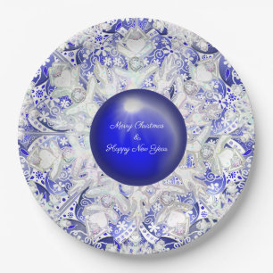 Plato De Papel Azul de encaje cerámico de Grecia y copo de nieve