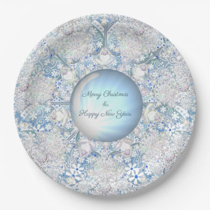 Plato De Papel Azul de encaje cerámico y copo de nieve