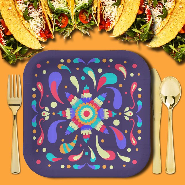 Plato De Papel Azul de Fiesta colorido (Colorful Mexican Fiesta Pinata Blue Square Paper Plates)