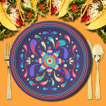 Plato De Papel Azul de Fiesta colorido<br><div class="desc">Vamos a taco acerca de su fiesta mexicana de cumpleaños con este divertido diseño colorido en hermosos platos de papel azul oscuro. COINCIDIENDO elementos de nuestra colección.</div>