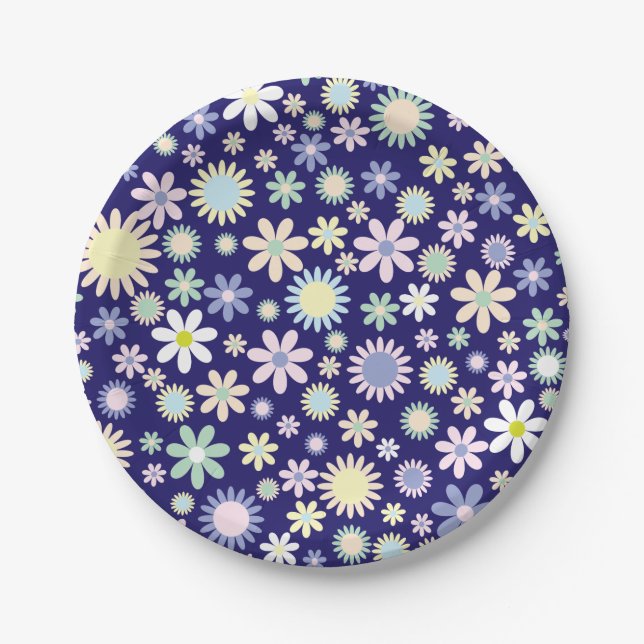 Plato De Papel azul de flores de patrón (Anverso)