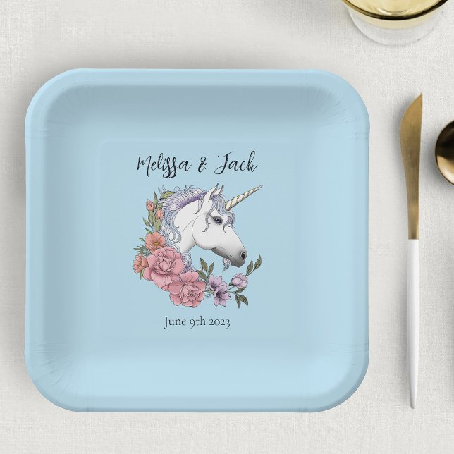 Plato De Papel Azul de flores rosas de unicornio blanco (Subido por el creador)