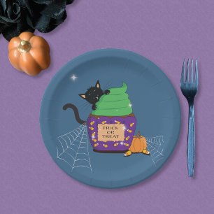 Plato de papel azul de Halloween gato negro
