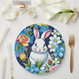 Plato De Papel Azul de la Marina Floral de la Primavera Bunny de