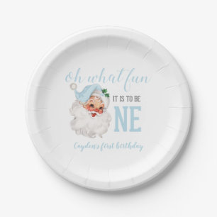 Plato De Papel Azul de Navidad Santa Primer Cumpleaños