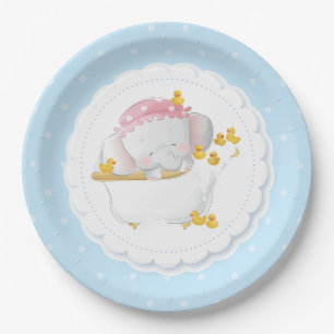 Plato De Papel Azul de punto de Polka elefante cutáneo