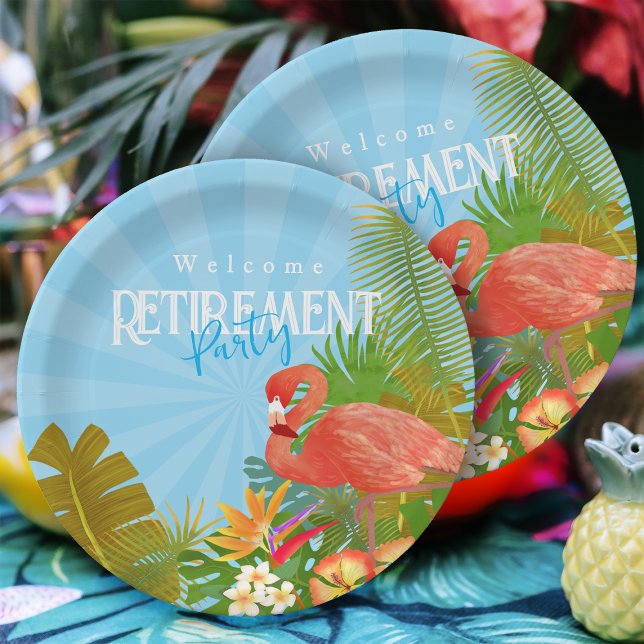 Plato De Papel Azul de retiro Flamingo (Flamingo Retirement Blue Party Plate)