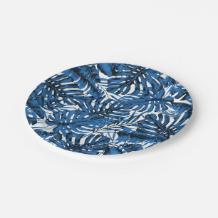 Plato De Papel Azul Denim Medio Hojas de Palma Tropicales Boda