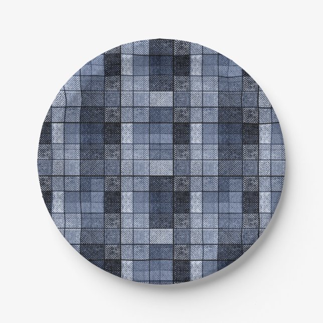 Plato De Papel Azul, denim, tartán, plaid. (Anverso)