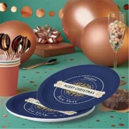 Plato de papel azul Feliz Navidad, Feliz Año Nuevo