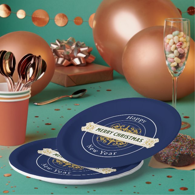 Plato de papel azul Feliz Navidad, Feliz Año Nuevo (Multi)
