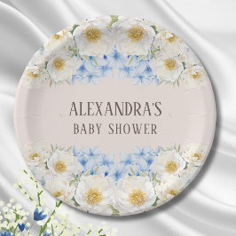 Plato De Papel Azul floral blanco Hydrangea Garden Baby Shower
