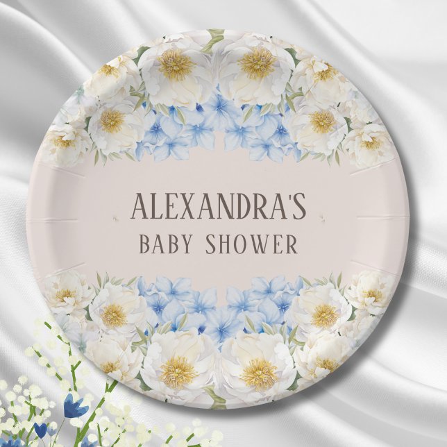 Plato De Papel Azul floral blanco Hydrangea Garden Baby Shower (Subido por el creador)