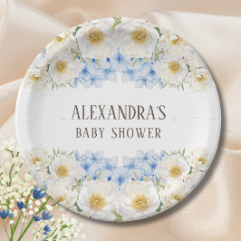 Plato De Papel Azul floral blanco Hydrangea Garden Baby Shower