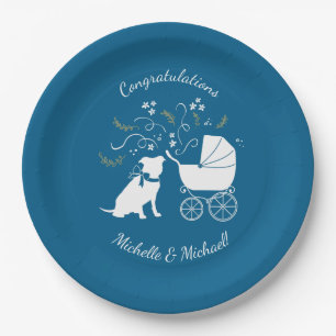 Plato De Papel Azul francés Bulldog Baby Shower francés