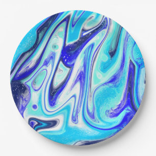 Plato De Papel Azul fundido   Marble Fluid Art