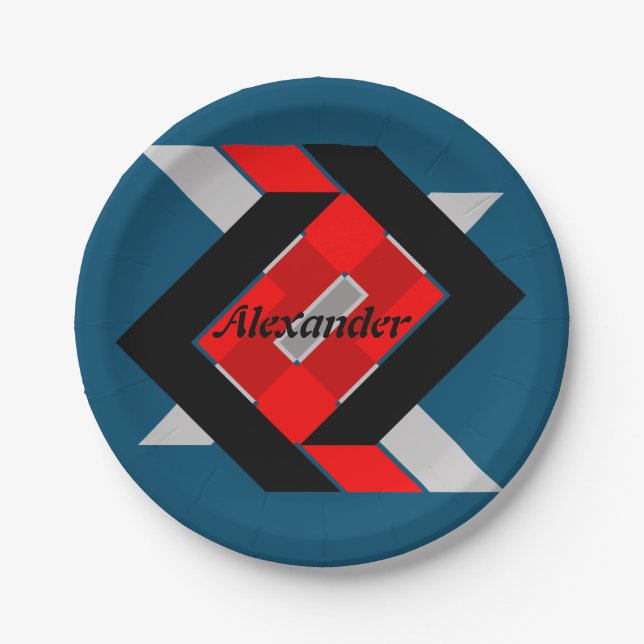 Plato De Papel Azul geométrico gris rojo negro personalizado simp (Anverso)