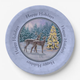 Plato De Papel Azul invernal de ciervo y árbol de Navidad
