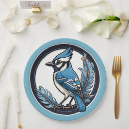 Plato De Papel Azul Jay Bird y Feathers Blue