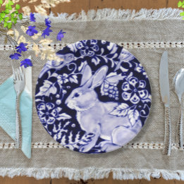 Plato De Papel Azul marino clásico, pájaros de conejo blanco Dedh