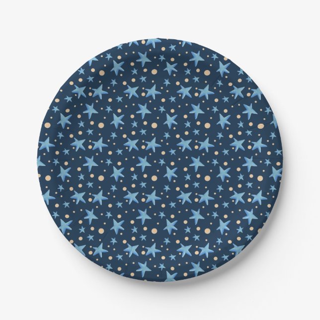 Plato De Papel Azul marino con estrellas azules y puntas amarilla (Anverso)