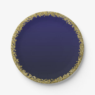 Plato De Papel Azul Marino con Purpurina Dorada Glam Brillante Fi