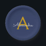 Plato De Papel Azul Marino Dorado Script Monograma Nombre Moderno<br><div class="desc">Monograma dorado y azul marino Agrega tu propio nombre Platos de fiesta con letra script. Esto hace que el regalo perfecto de cumpleaños número 16,  boda,  despedida de soltera,  aniversario,  baby shower o fiesta de soltera para alguien que ama el lujo glamoroso y los estilos chic.</div>