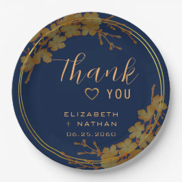 Plato De Papel Azul marino floral dorado