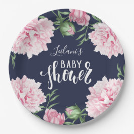 Plato De Papel Azul marino floral Peony Rosa de Baby Shower