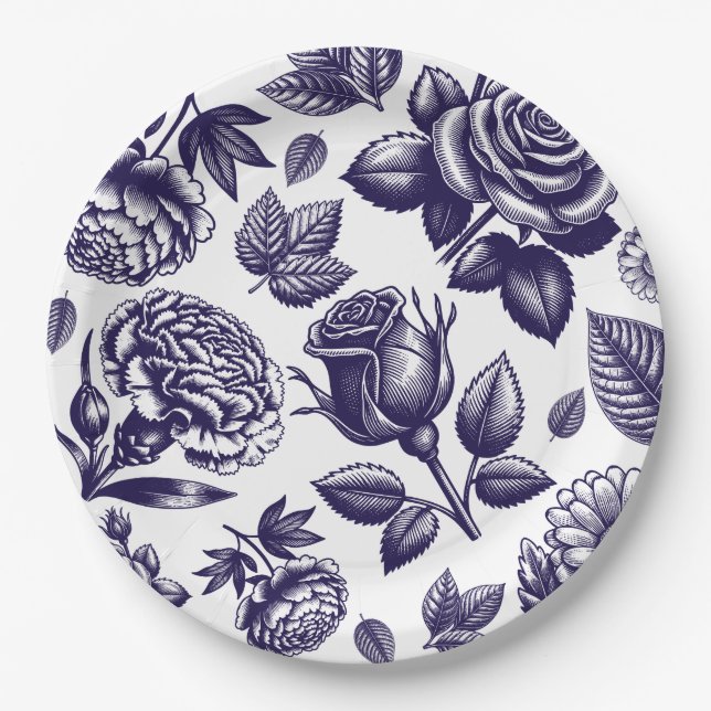 Plato De Papel Azul Marino Floral Vintage (Anverso)