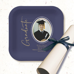 Plato De Papel Azul Marino Graduación Escritura Mínima Oro Foto
