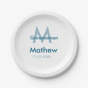 Plato De Papel Azul marino groomsman letra nombre masculino por