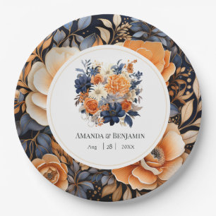Plato De Papel Azul Marino, Naranja Quemado y Floral de Champagne
