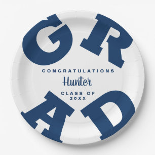 Plato De Papel Azul marino sobre graduación blanca personalizada