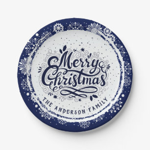 Plato De Papel Azul Marino y Blanco Navidad Alegre Minimalista El