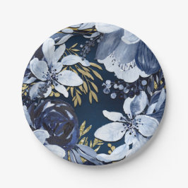 Plato De Papel Azul Marino y Dorado Floral Acuarela Moderna Elega
