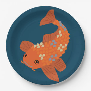 Plato De Papel Azul marino y Naranja nadando Koi peces dorados