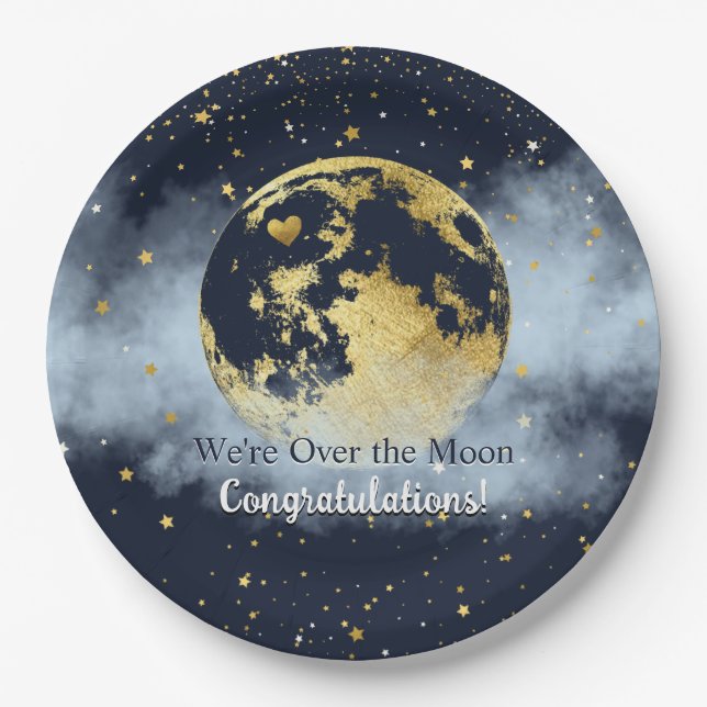 Plato De Papel Azul marino y oro sobre la luna felicitaciones (Anverso)
