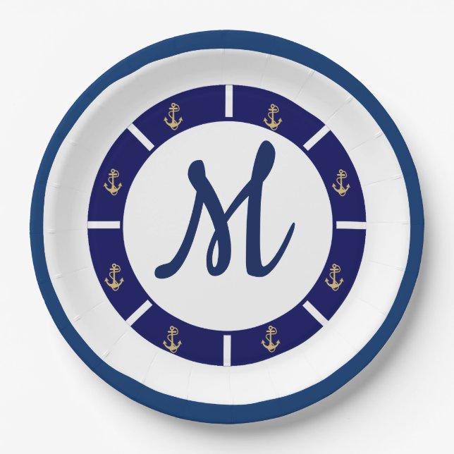 Plato De Papel Azul náutico con ancla dorada (Anverso)