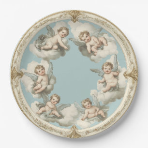 Plato de papel azul nube querubín rococó elegante