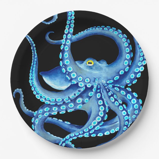 Plato De Papel Azul Octopus Black (Anverso)