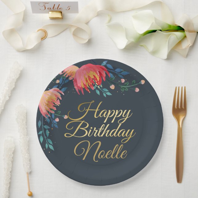 Plato De Papel Azul oscuro, elegante, flores caprichosas, acento  (Boda)