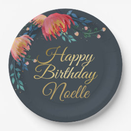 Plato De Papel Azul oscuro, elegante, flores caprichosas, acento 