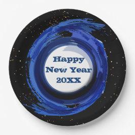 Plato De Papel Azul oscuro pintado en la noche, feliz año nuevo 2