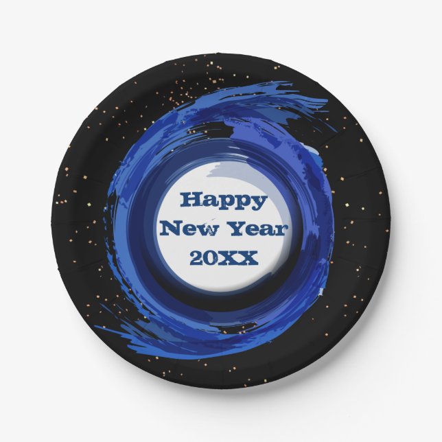 Plato De Papel Azul oscuro pintado en la noche, feliz año nuevo 2 (Anverso)