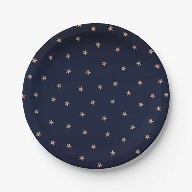 Plato De Papel Azul oscuro y rosa dorado estrellas brillantes (Anverso)