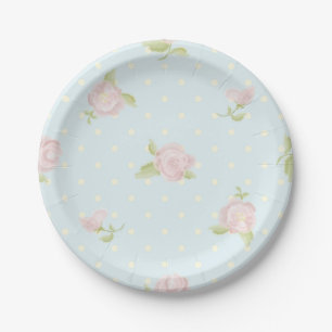 Plato De Papel azul pálido polka punto crema vintage floral rosa