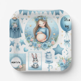 Plato de papel azul para fiesta de bebé varón para