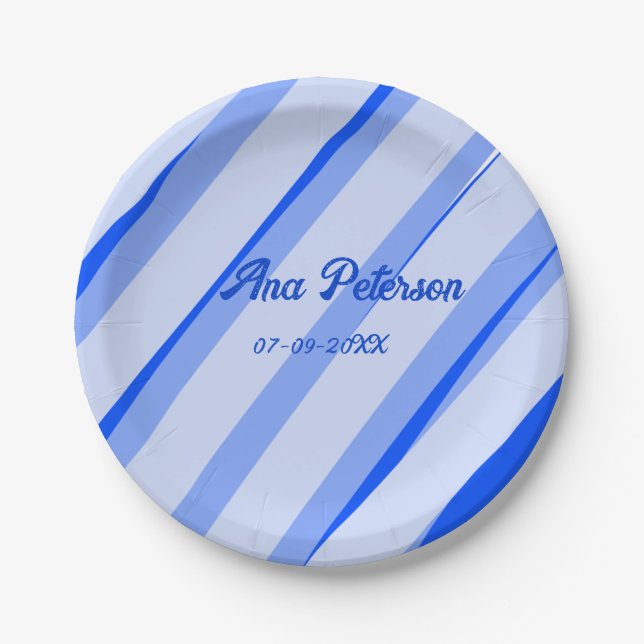 Plato De Papel azul pastel añadir nombre fecha boho retro patrón  (Anverso)